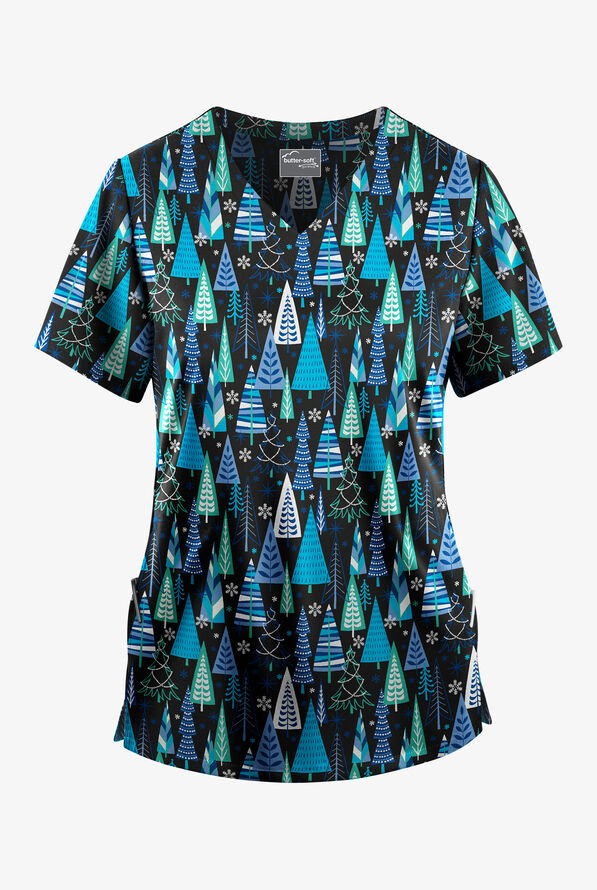 Butter-soft STRETCH Wintertime Turquoise Women's 2-Pockets V-Neck Print Scrub Top - null - 1