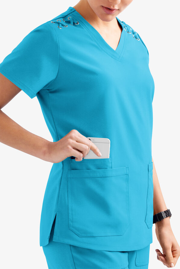 Blusa m&eacute;dica Easy STRETCH Leila con ojales con lazos y 3 bolsillos para mujer - Turquoise - 3