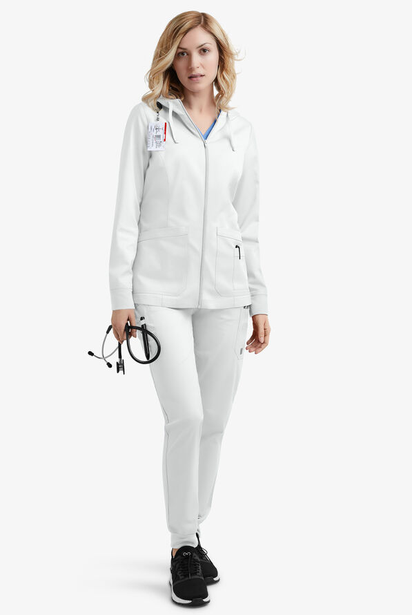Butter-Soft STRETCH Women's 3-Pocket Zip-Front with Cozy Knit Hood and Trim Scrub Jacket - White - 2