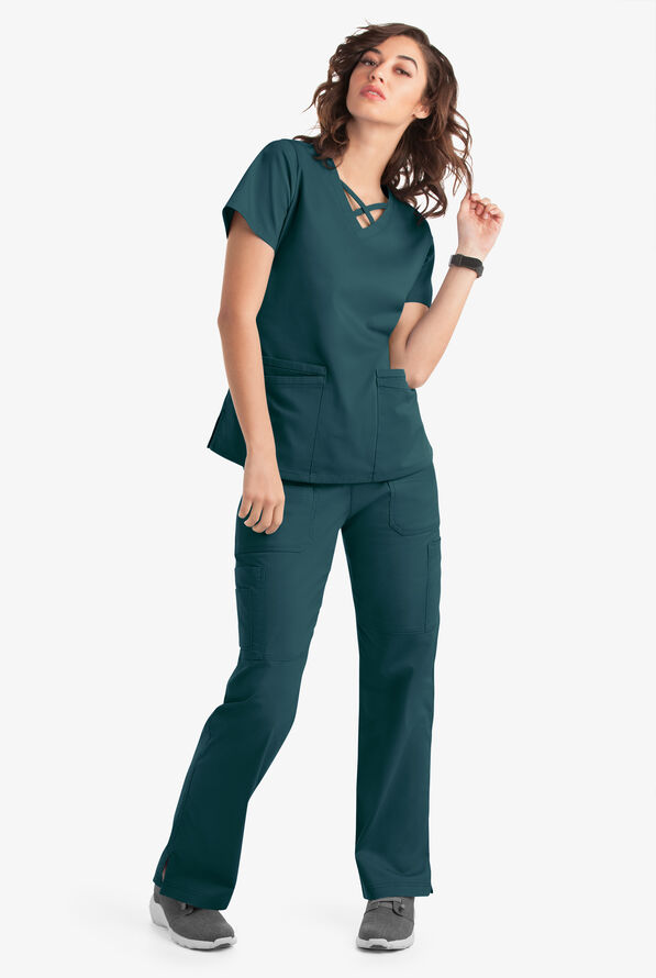 Blusa m&eacute;dica UA Butter-Soft STRETCH con lazos entrecruzados y 4 bolsillos para mujer - Caribbean Blue - 6