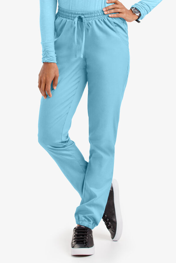 Butter-Soft STRETCH Women's 5-Pocket Jogger Scrub Pants - Petite - Poolside View - 1