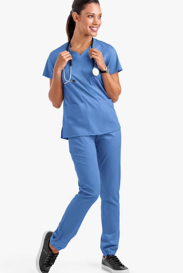 Butter-Soft STRETCH Women's 4-Pocket Sweetheart Neck Scrub Top - Ceil Blue - 2