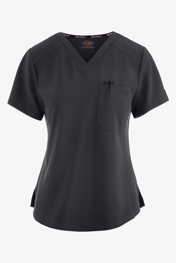 Dickies Riveting Women's 1-Pocket STRETCH Contrast Stitching Tuck In V-Neck Scrub Top - Navy - 1