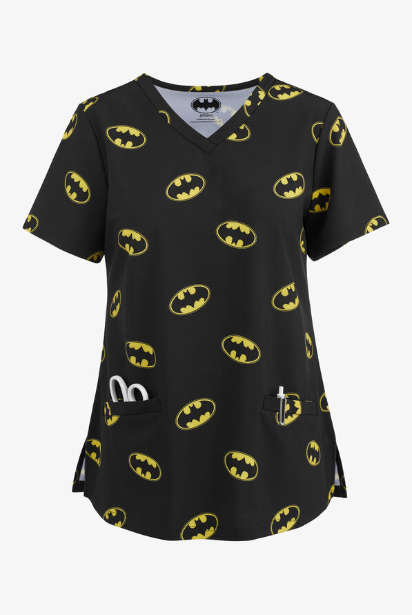 Batman Woman's 2-Pocket V-Neck Print Scrub Top - null - 1