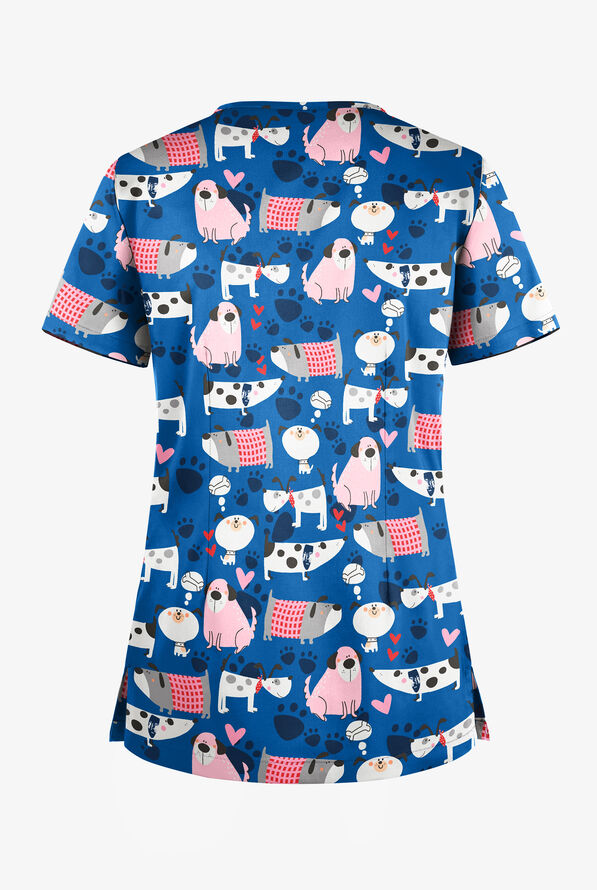 Blusa médica estampada Butter-Soft Dreaming Pups Royal con cuello en V y 1 bolsillo para mujer - null - 2