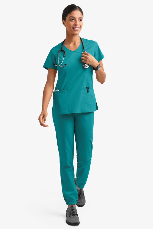 Butter-Soft STRETCH Women's 3-Pocket V-Neck Mock Wrap Scrub Top - Teal - 6