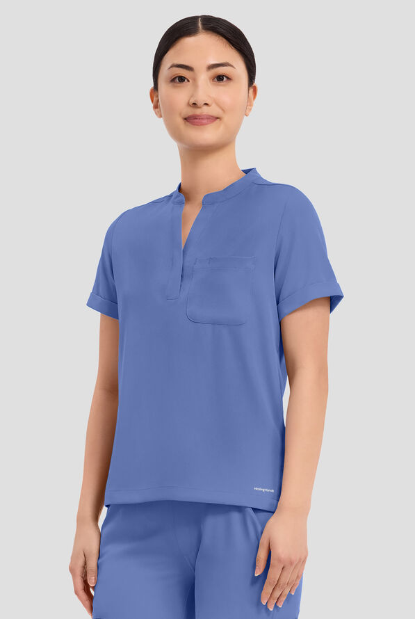 HH Works by Healing Hands Macy Women's 1-Pocket STRETCH Mandarin Collar Tuck In Scrub Top - Ceil Blue - 2