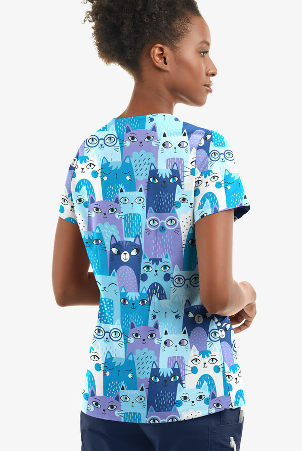 UA Butter-Soft STRETCH Party Time Turquoise Women's 2-Angled Welt Pocket V-Neck Printed Scrub Top - null - 2