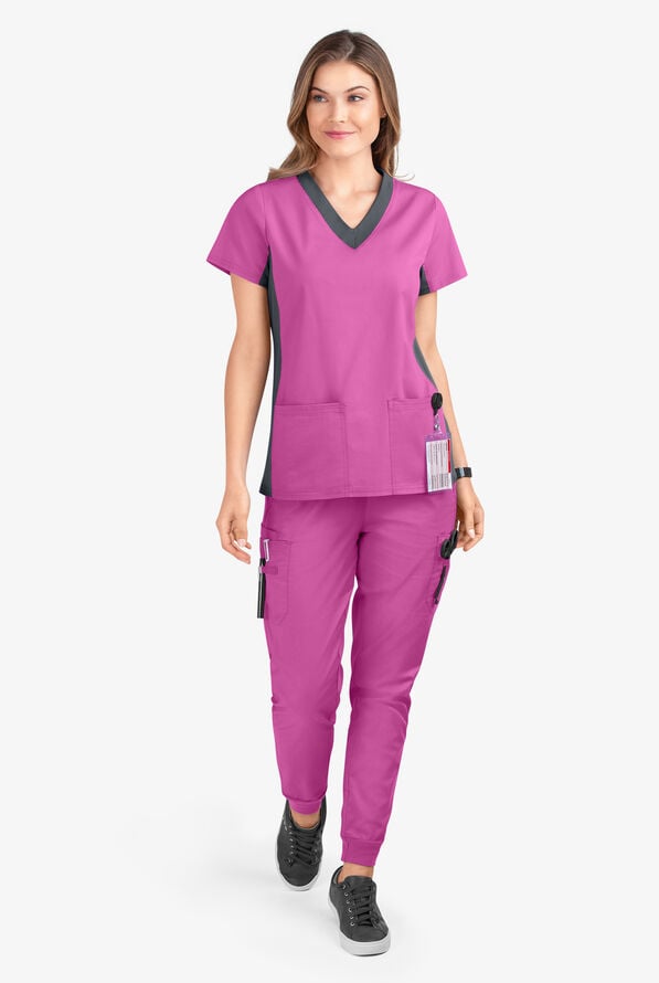 Butter-Soft STRETCH Women's 3-Pocket Contrast Scrub Top - Rosebud/Pewter - 2