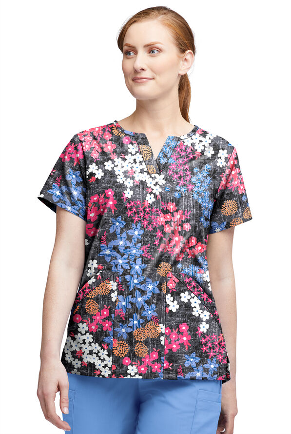 Tafford Active STRETCH Izmir Floral Pewter Women's 4-Pocket V Notch-Neck Print Scrub Top - null - 1