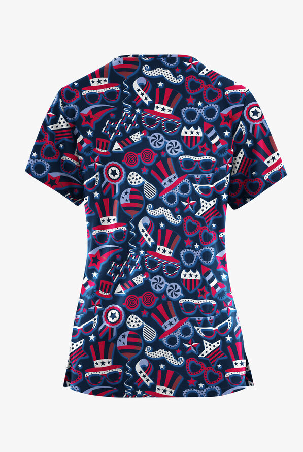 Blusa médica estampada Butter-Soft Originals Stars and Stripes Navy con cuello en V redondeado y 7 bolsillos para mujer - null - 2