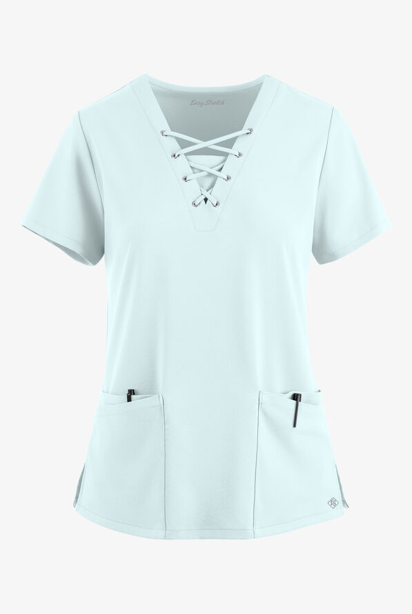 Easy STRETCH Gisele Women's 4-Pocket Lace Up V-Neck Scrub Top - Blue Frost - 1