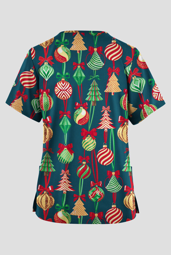 Butter-Soft Originals Ornament Cheer Caribbean Blue Women's 2-Pocket V-Neck Print Scrub Top - null - 2