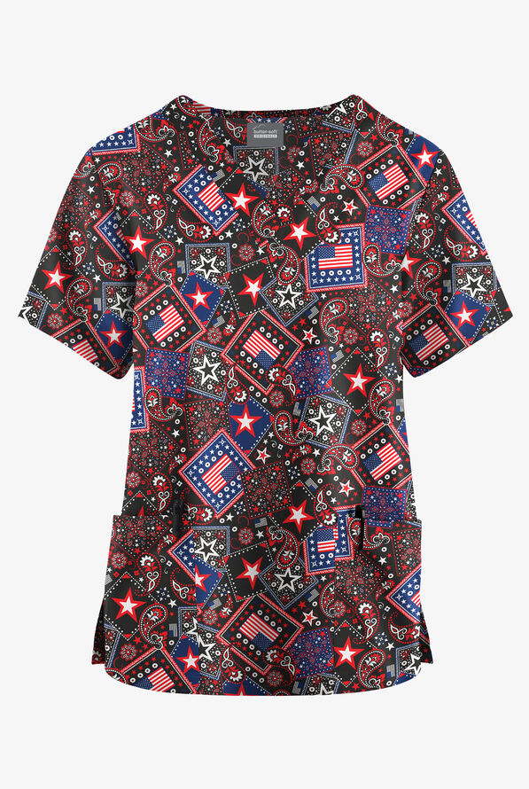 Butter-Soft Originals Americana Women's 2-Pocket Classic Fit V-Neck Print Scrub Top - null - 1