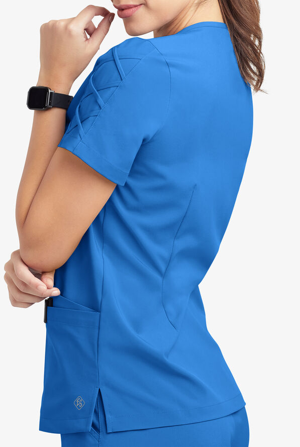 Easy STRETCH Kylie Woman's 5 Pocket V-Neck With Criss-Cross Detail Scrub Top - Cerulean - 7