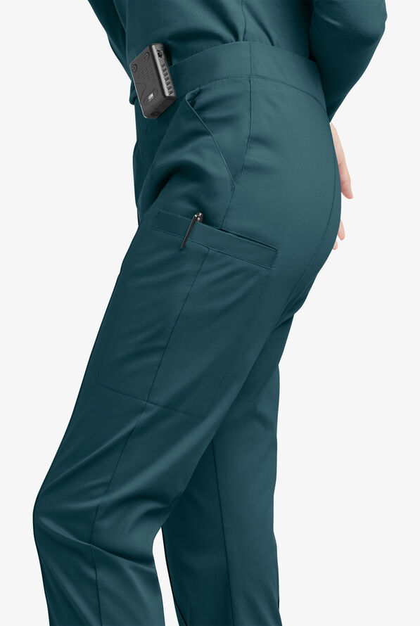 Butter-Soft STRETCH Women's 6-Pocket Pin-Tuck Crop Slim with Sport Trim Detail Scrub Pants - Caribbean Blue/Navy - 7