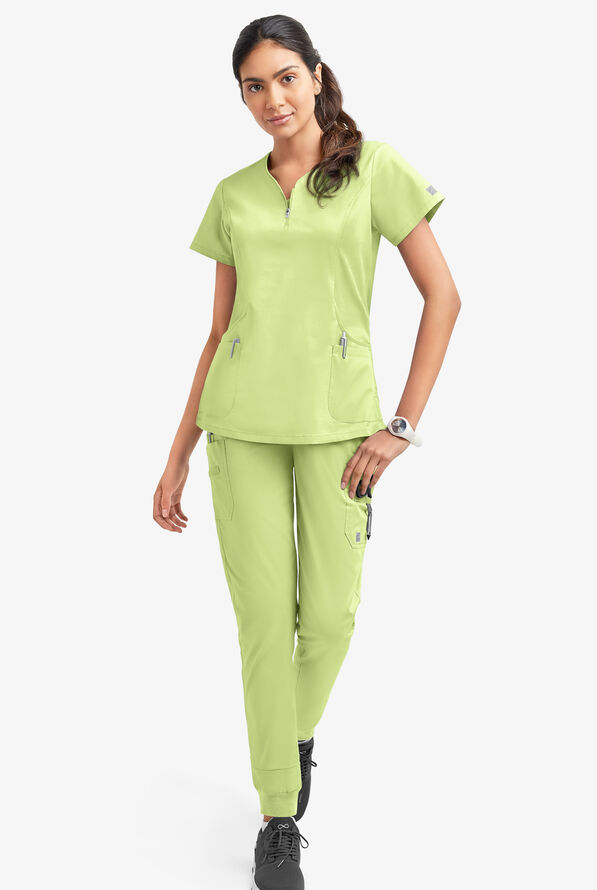 Butter-Soft STRETCH Women's 4-Pocket Curved Neck Zipper Scrub Top - Cool Matcha - 2