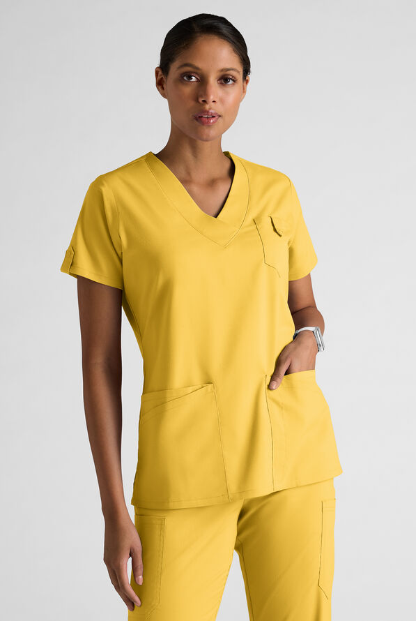 Butter-Soft STRETCH FLXTEK+ Women's 6-Pocket V-Neck Scrub Top - Warm Sun - 1