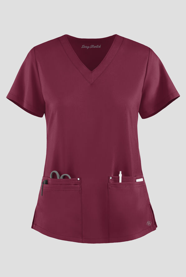 Easy STRETCH Lina Mitered Women's 4-Pocket V-Neck Scrub Top - Wine - 1