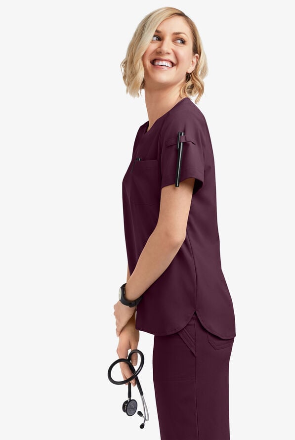Easy STRETCH Nikki Women's 1-Pocket Scallop Neck Tuck-In Scrub Top - Dark Mulberry - 2