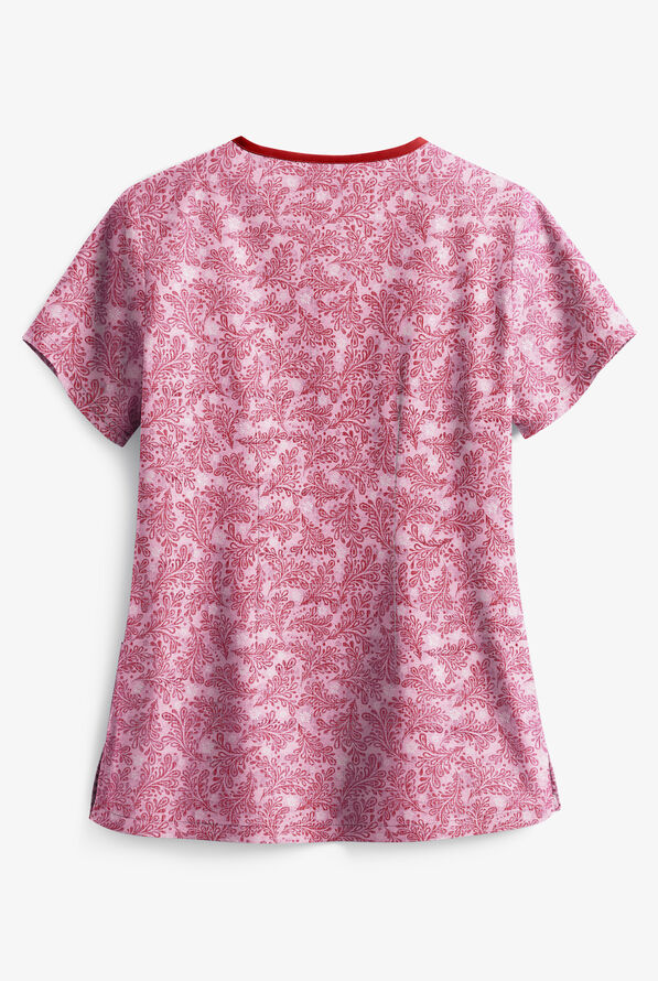 Butter-Soft Tonal Damask Ballet Pink Women's 3-Pocket Criss Cross Print Scrub Top - null - 2