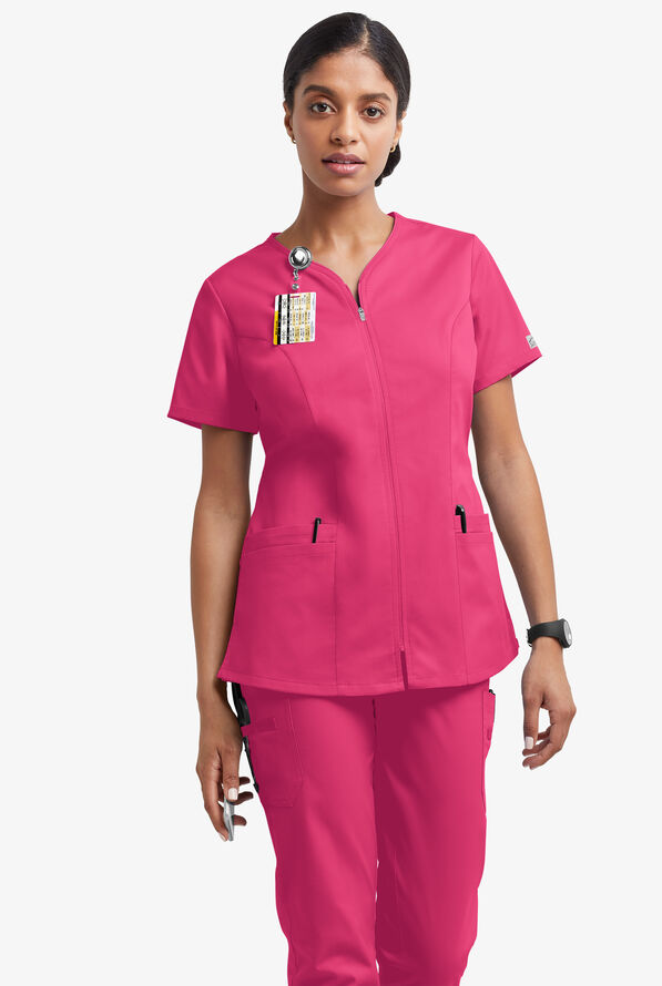Butter-Soft STRETCH Women's 4-Pocket Smooth Face Zipper Scrub Top - Fuchsia - 2
