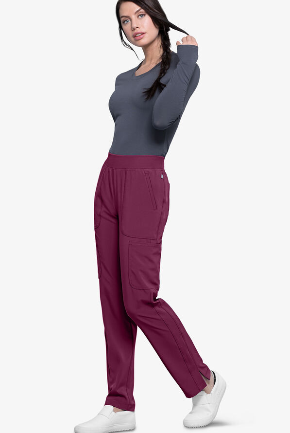 Infinity Women's 6-Pocket STRETCH Rib-Knit Waistband Cargo Scrub Pants - Wine - 2