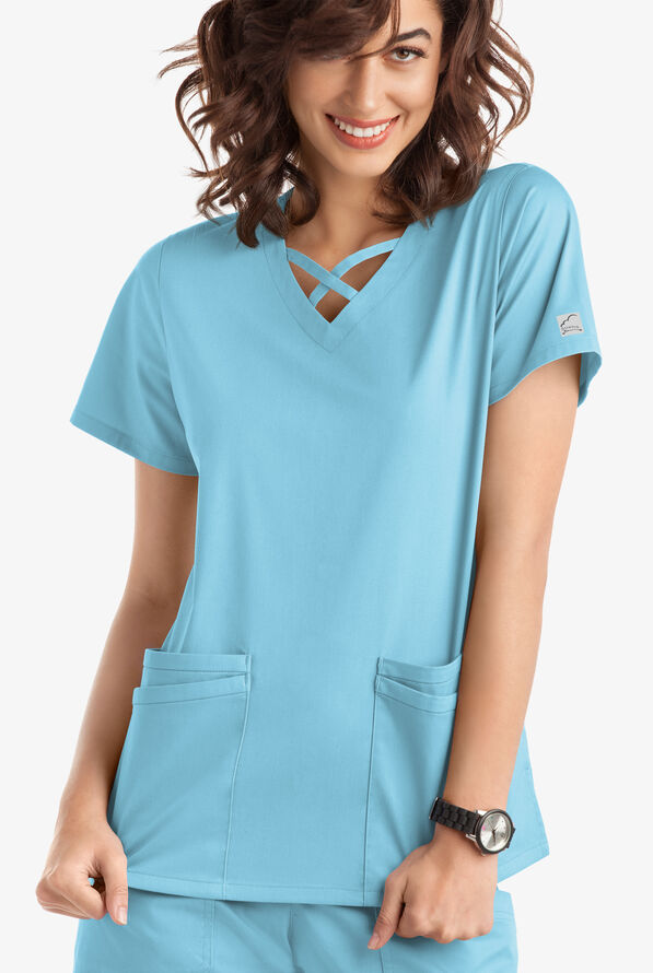Butter-Soft STRETCH Women's 4-Pocket Crisscross Scrub Top - Poolside View - 2