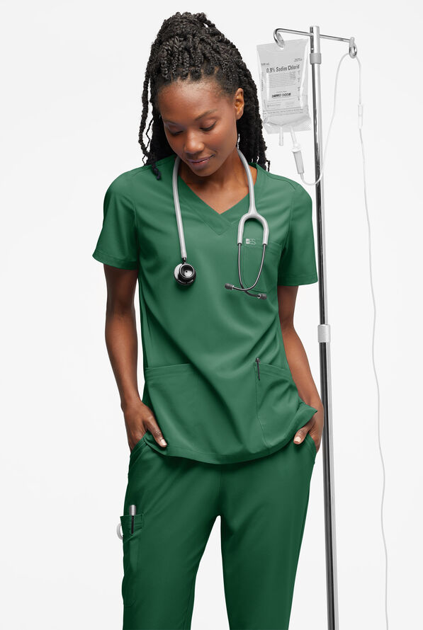 Easy STRETCH Tessa Women's 5-Pocket V-Neck Scrub Top - Hunter - 4