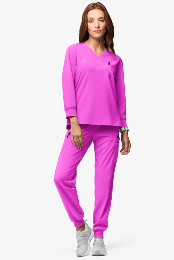Easy STRETCH Women's Josie 2-Pocket Relaxed 3/4" Sleeve Scrub Top - Electric Fuchsia - 4