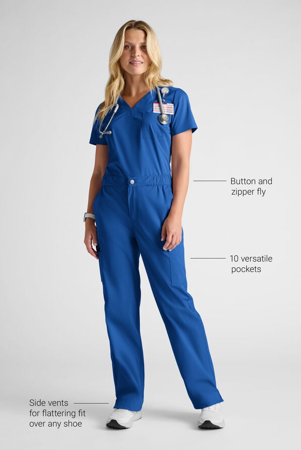 Butter-Soft STRETCH Women's 8-Pocket Cargo Button Front Pant With Fly Scrub Pants - Royal - 9