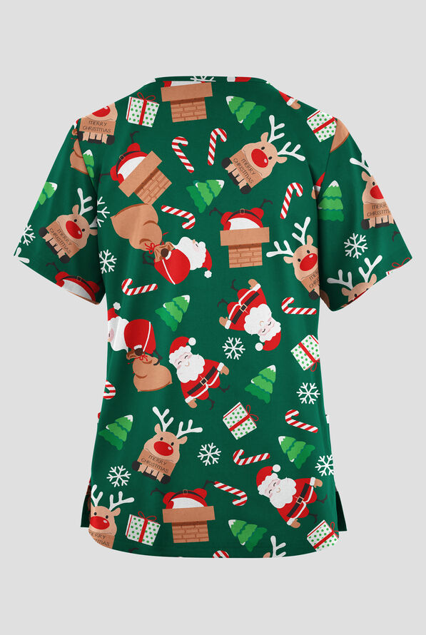Butter-Soft Originals Christmas Magic Hunter Women's 2-Pocket V-Neck Print Scrub Top - null - 2