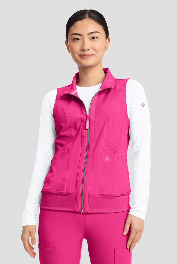 Med Couture Amp Women's 4-Pocket STRETCH Zip Front Removable Hoodie Scrub Vest - Pink Power - 2
