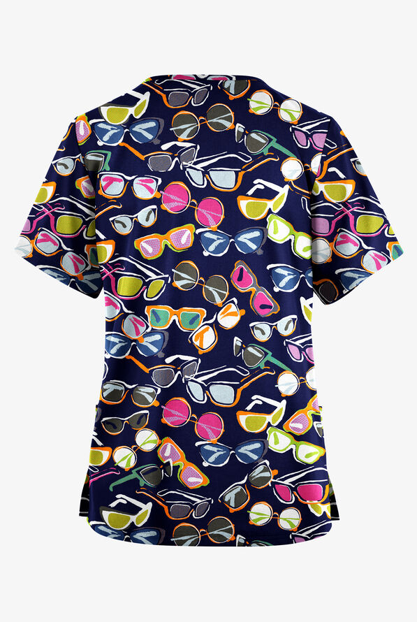 Butter-Soft Originals Fancy Shades Navy Women's 2-Pocket Classic Fit V-Neck Print Scrub Top - null - 2