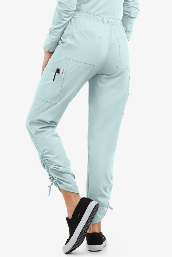 Easy STRETCH Halle Women's 11-Pocket Ruched Leg Jogger Scrub Pants - Petite - Ocean Mist - 2