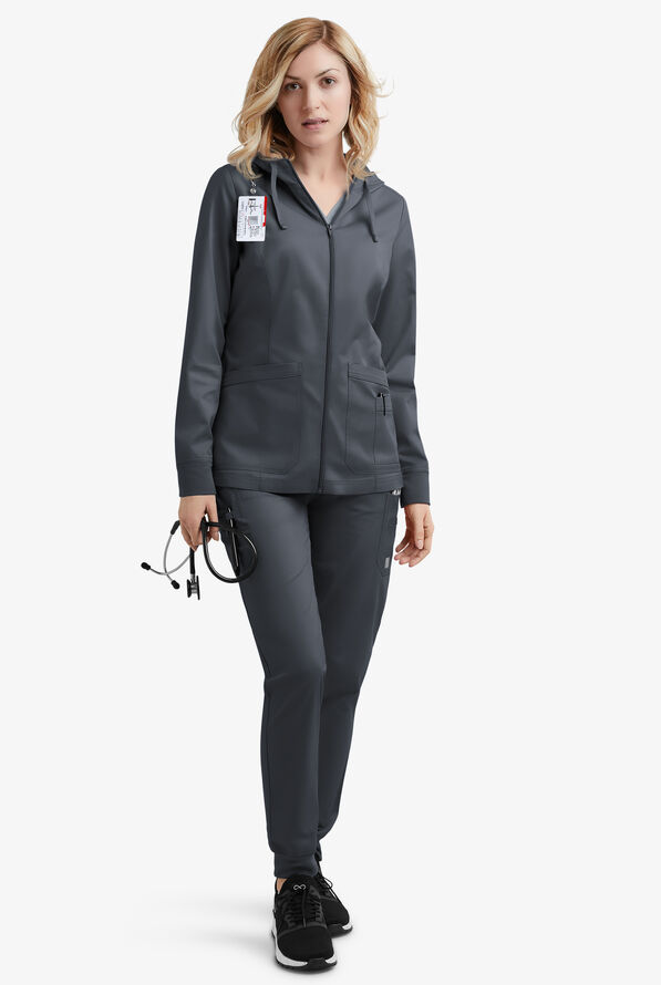 Butter-Soft STRETCH Women's 3-Pocket Zip-Front with Cozy Knit Hood and Trim Scrub Jacket - Pewter - 2
