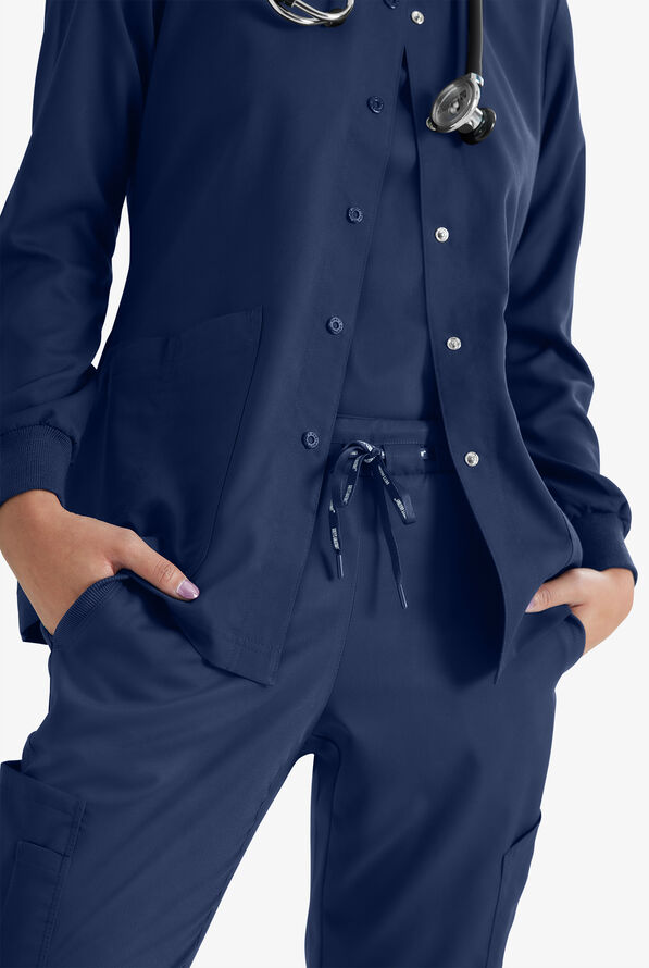 Grey's Anatomy by Barco Women's 4-Pocket Round Neck Warm-Up Scrub Jacket - Indigo - 3