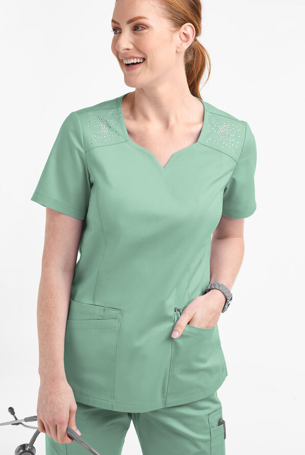 Butter-Soft STRETCH Women's 6-Pocket Crystal Bling Scrub Top - Water Mint - 2