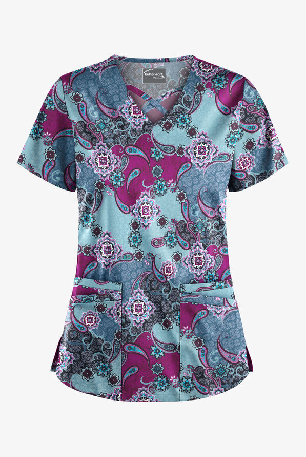 UA Butter-Soft STRETCH Mixed Medallion Indigo Denim Women's 4-Pocket Crisscross Print Scrub Top - null - 1