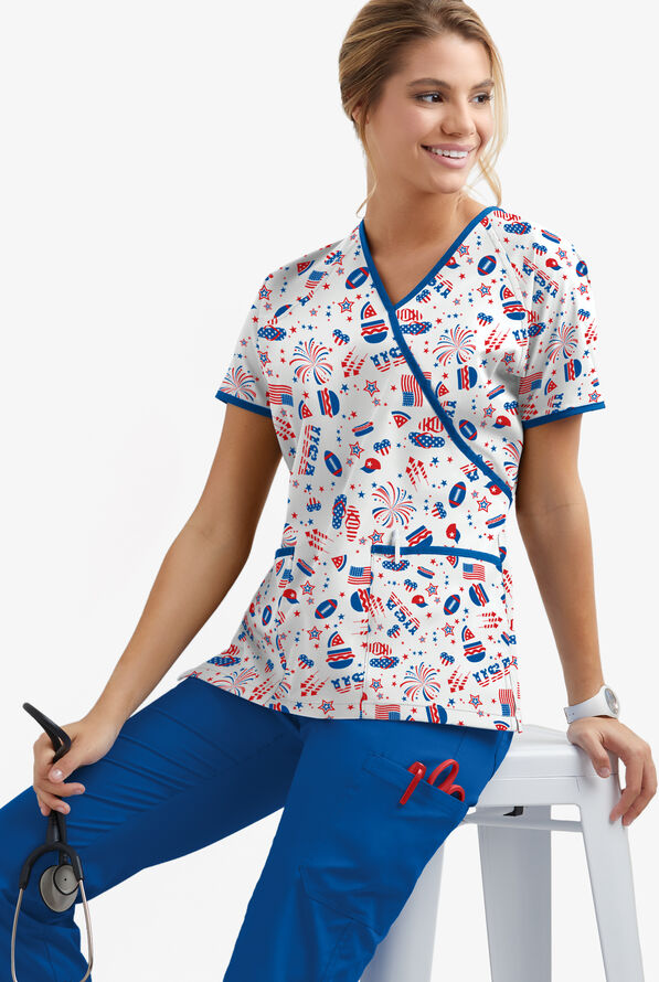 UA Best Buy Scrubs Party in the USA Women's 2-Pocket Mock Wrap Print Scrub Top - null - 3