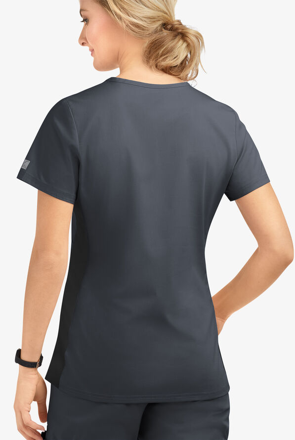 Butter-Soft STRETCH Women's 3-Pocket V-Neck with Side Knit Panels Scrub Top - Pewter/Black - 3