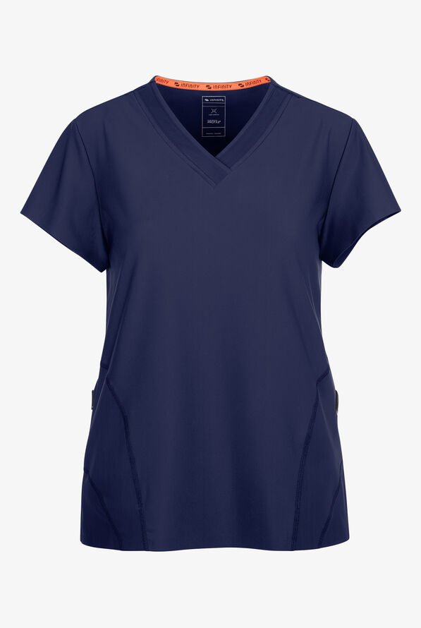 Infinity GNR8 Kinetic Knit Women's 2-Pocket STRETCH Mesh Overlay V-Neck Scrub Top - Navy - 1