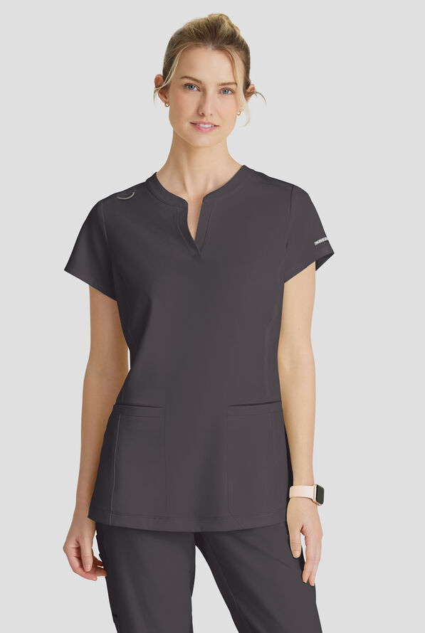 Skechers by Barco Coast Women's 2-Pocket STRETCH Banded Collar V-Placket Scrub Top - Pewter - 2