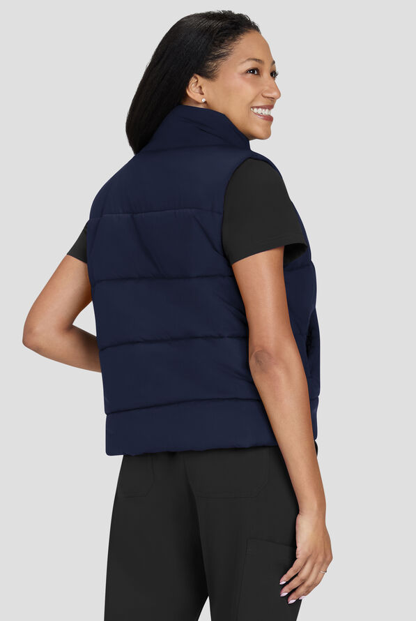 koi Essentials Nula Women's 2-Pocket Zip Front Puffer Scrub Vest - Navy - 3