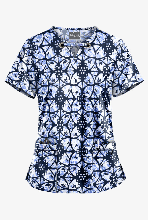 Butter-Soft STRETCH Desert Rose Navy Women's 4-Pocket Large Grommet Print Scrub Top - null - 1