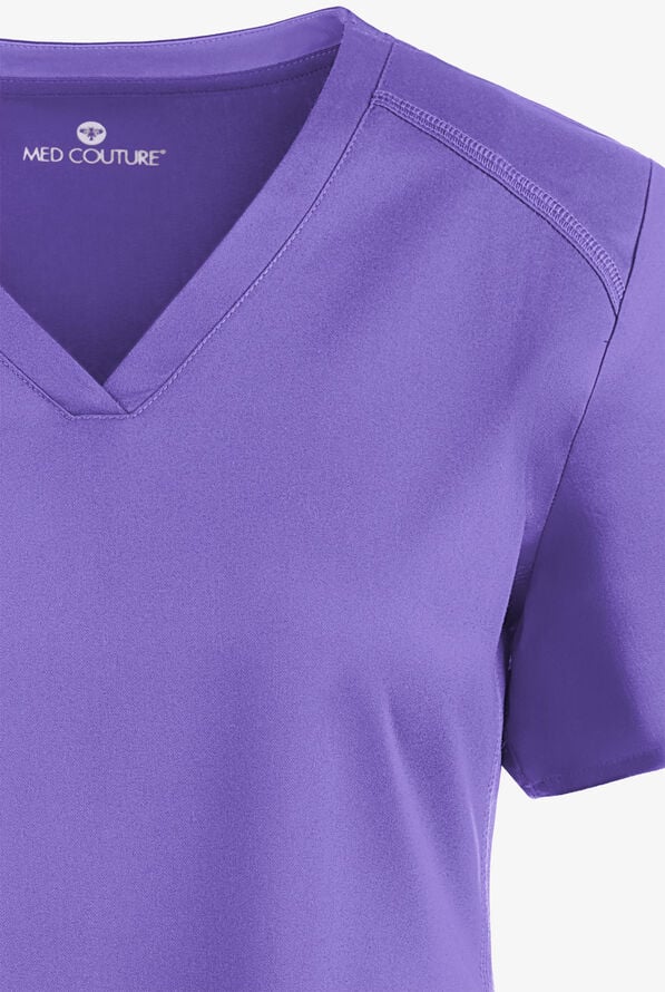 Med Couture Touch Women's 3-Pocket STRETCH Rib-Knit Side Panels Shirttail V-Neck Scrub Top - Electric Lavender - 4