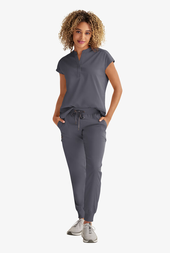Healing Hands Purple Label Journey Women's 2-Pocket STRETCH Dolman Sleeve Mandarin Collar Scrub Top - Pewter - 2