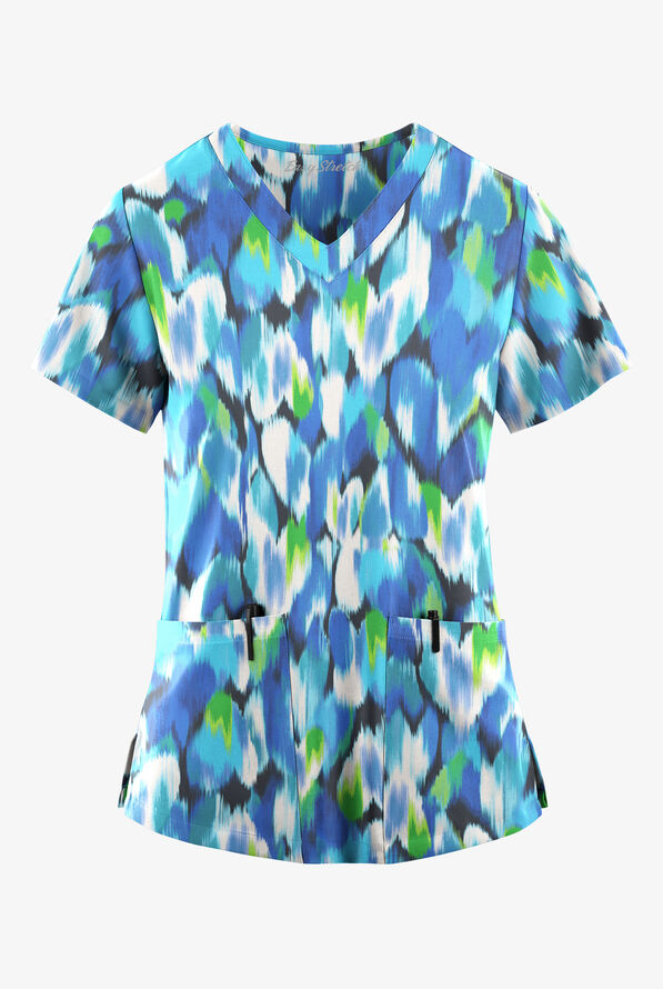 Blusa médica estampada Easy Stretch Love Garden Pewter con cuello en V y 2 bolsillos para mujer - null - 1