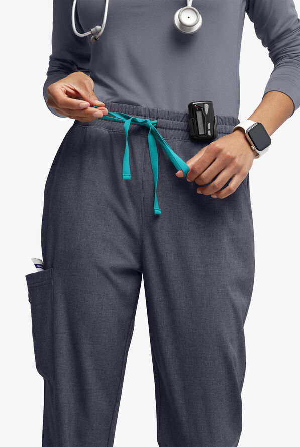 Easy STRETCH Naya Women’s Natural Waist 6-Pocket Straight Leg Scrub Pants - Petite - Charcoal Heather/Teal - 4