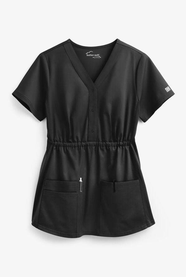 Butter-Soft STRETCH Women's 3-Pocket Knit Panel Maternity Scrub Top - Black - 1